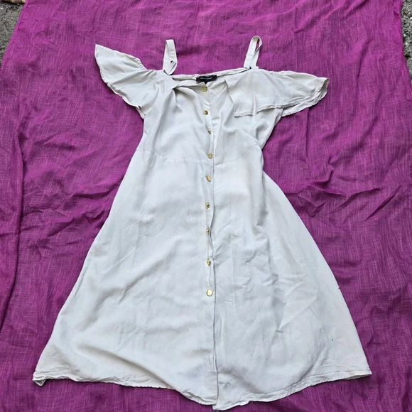 LINEN Ashley Stewart White Cold Shoulder Midi Dress - Picture 8 of 10